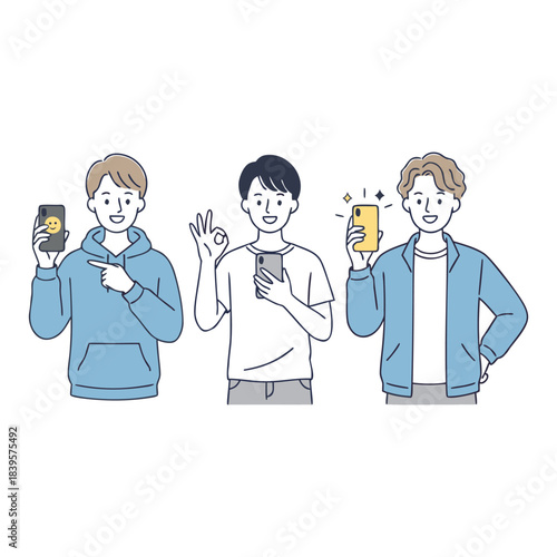 Three young men in casual clothing holding up smartphones and drinks in a celebratory toast