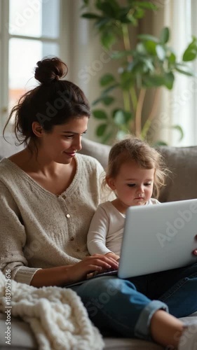 Woman talking with toddler while sitting in a cozy living room with a laptop on her lap, showcasing a warm family moment in a home interior setting..