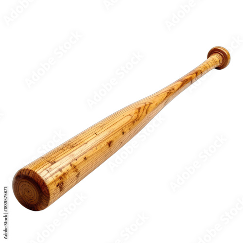 A wooden baseball bat displayed diagonally against a solid black background.