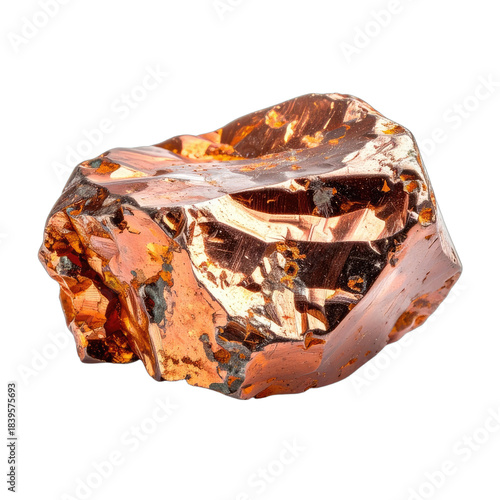 A highly reflective, raw piece of native copper mineral isolated on a black background.
