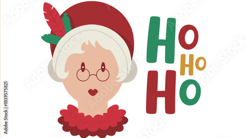 Whimsical festive silhouette of mrs claus with a red hat and feather smiling with ho ho ho text in christmas colors celebrating the holiday season silhouette