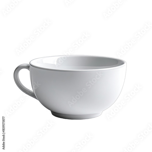 A minimalist white ceramic soup cup or large teacup against a black background.
