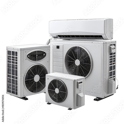 A collection of various white air conditioning units and outdoor compressors against a black background.