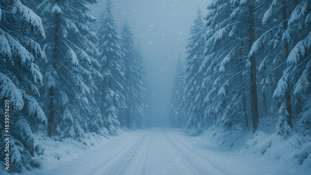 Naklejka premium winter road through forest with snowfall snowy pine trees and cold winter landscape outdoors