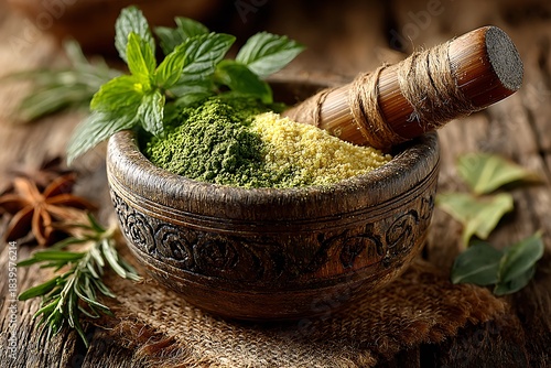 Fototapeta Naklejka Na Ścianę i Meble -  Bamboo mortar pestle filled with yellow spice high resolution picture