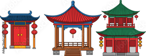 Traditional Chinese Architecture Collection: Vector Illustrations of Ancient Temples, Classic Gates, and Pagodas with Red Lanterns for Cultural Design and Asia Travel Concepts