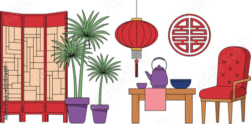 Hand-Drawn Cartoon Illustration of Traditional Chinese Interior Design, Featuring Red Screen, Plants, Oriental Lantern, Teapot, and Chair, Elegant Asian Living Room Decoration Vector