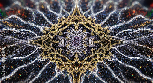 Abstract symmetrical pattern of glowing lights and intricate golden and silver threads, forming a mesmerizing, ethereal cosmic fractal design with a sparkling bokeh effect