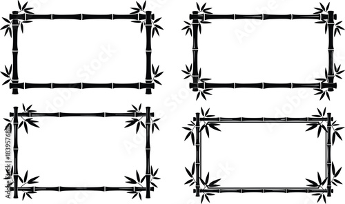 Set of Three Realistic Brown Bamboo Stick Frames, Including Square, Circular, and Horizontal Rectangular Borders, Natural Wooden Template for Photography, Oriental Design