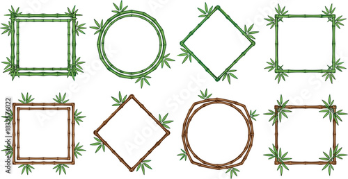 Set of Eight Geometric Bamboo Frames Collection with Green Leaves, Including Square, Circular, and Rhombus Shapes, Oriental Natural Border Decoration for Invitations and Tropical Design Vector