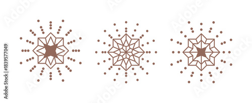 Nine-pointed star. Collection of twinkle particle stars and rays decorative symbols for design. New Year's decor. Polygonal figure. 