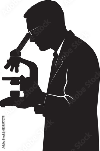 Scientist silhouette using a microscope isolated on a white background