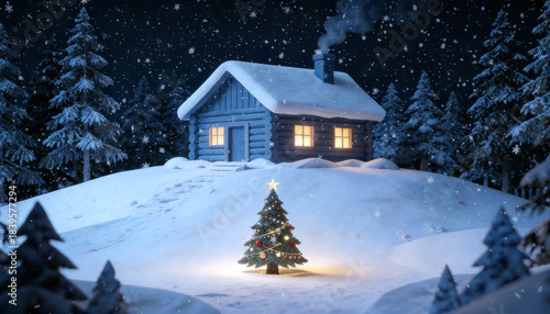 Snow-covered cartoon log cabin glowing warmly at night, surrounded by pine trees and a decorated Christmas tree shining softly in a peaceful winter landscape.