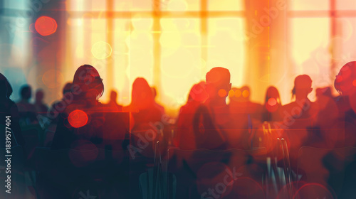 Abstract blurred crowd in a city with warm golden light filtering through