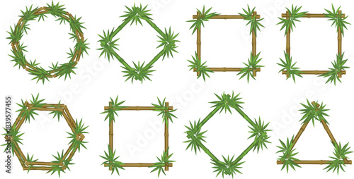 Set of Eight Geometric Bamboo Frames Collection with Green Leaves, Including Square, Round, Hexagon, and Triangle Shapes, Oriental Natural Border Decoration for Invitations and Tropical Design Vector