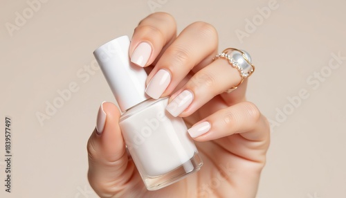 Woman holding nail polish bottle with manicured nails and ring  