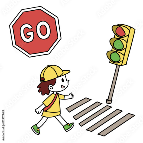 Child crossing the road safely with traffic light – Kids learning poster