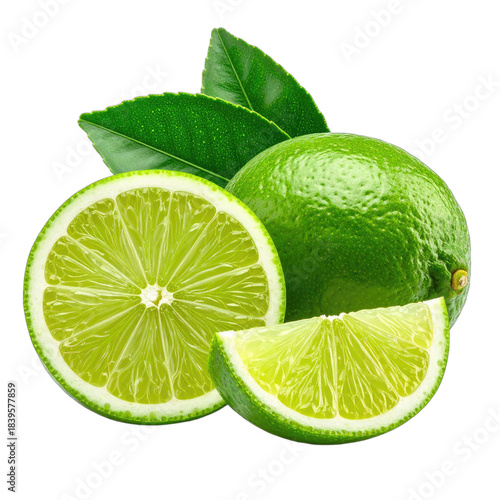 Vibrant whole and sliced limes with green leaves on a black background.