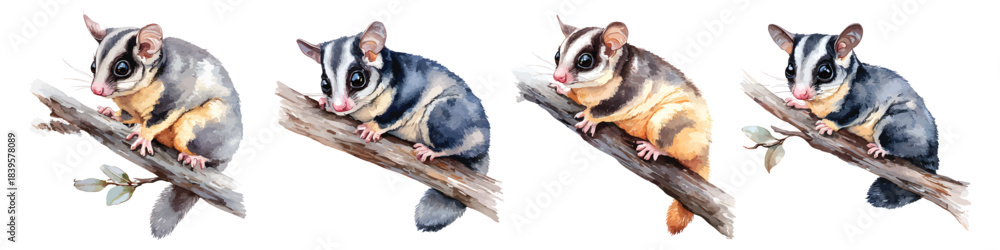 Obraz premium Baby sugar glider sitting on branches watercolor set isolated on transparent background