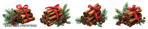 Cinnamon sticks tied with red ribbons, pine cone sprigs branches, and red Berries Christmas spices set watercolor