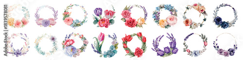 Floral wreath circular frame with flower arrangements watercolor set isolated on transparent background