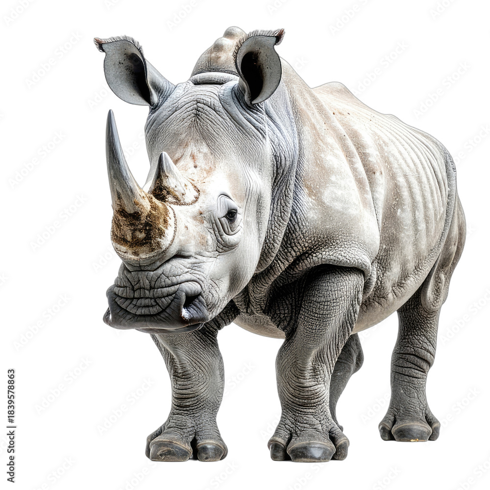Obraz premium A striking portrait of a white rhinoceros against a solid black background.