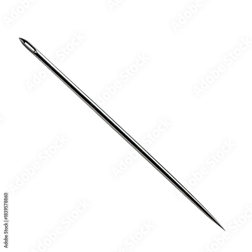 A sharply rendered sewing needle poised diagonally against a stark black background.
