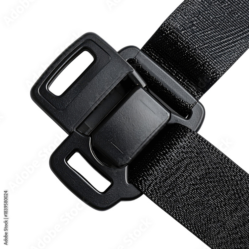 Close-up abstract view of a black safety harness buckle and woven strap against a dark background.