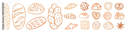 Set of bakery products drawn with crayon. Hand drawn pastries in crayon style. Chalk doodle illustrations with bread and cakes for bakery menus or food design.