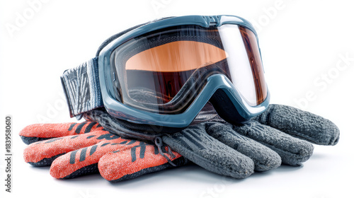 Isolated ski goggles and gloves on a white background