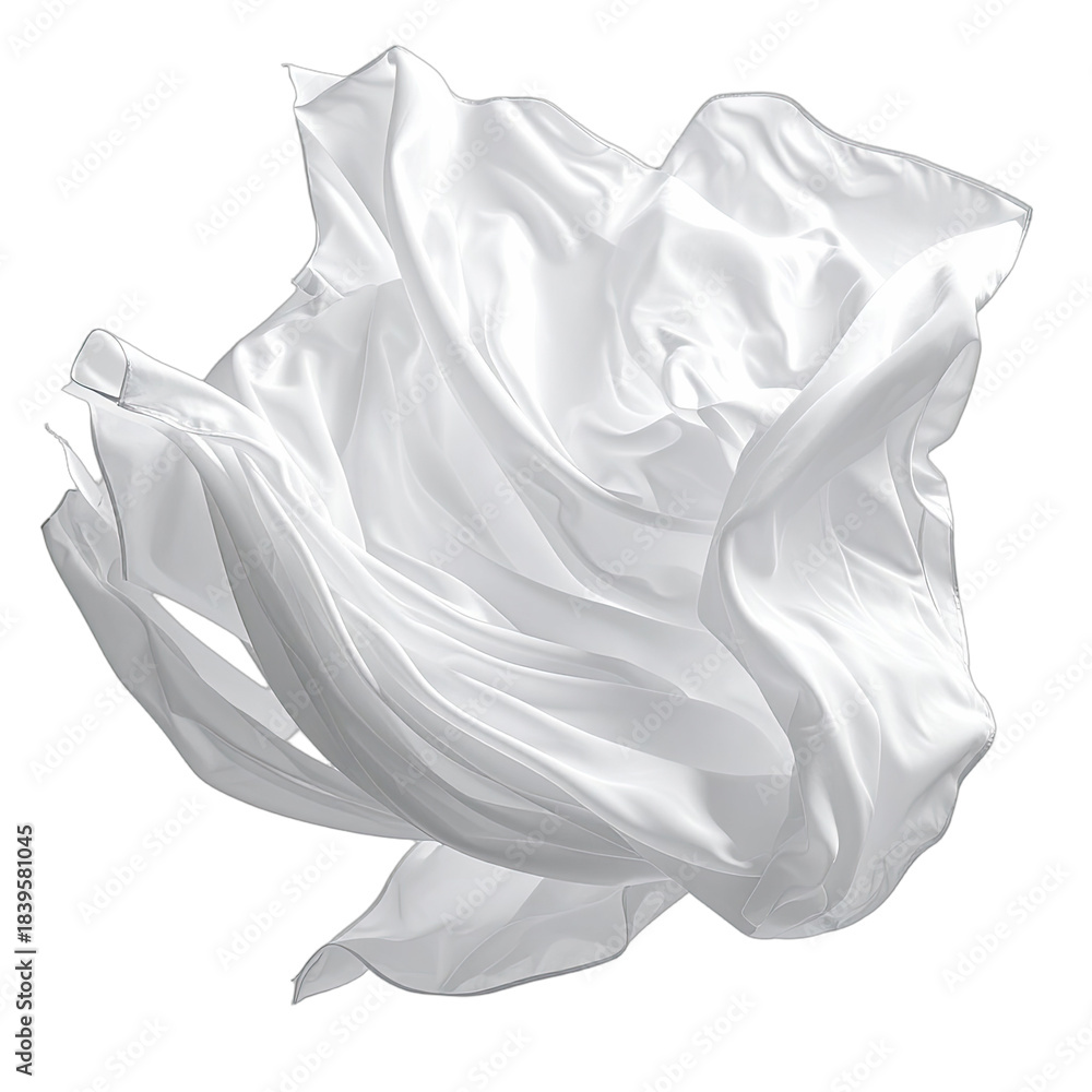 Fototapeta premium A piece of flowing white satin fabric suspended against a black background.