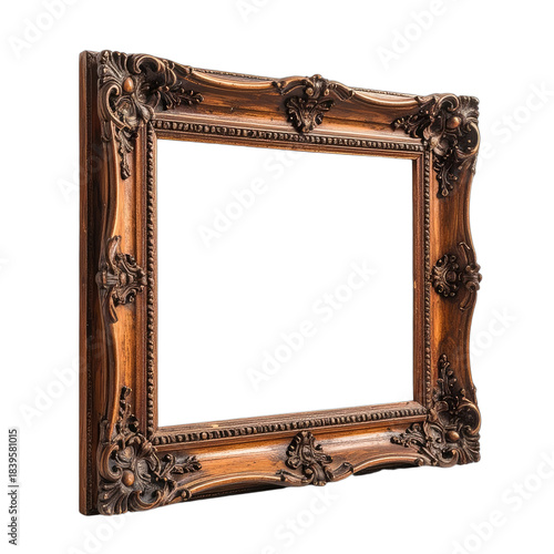 Ornate antique gold wooden picture frame isolated on black background, angled view.
