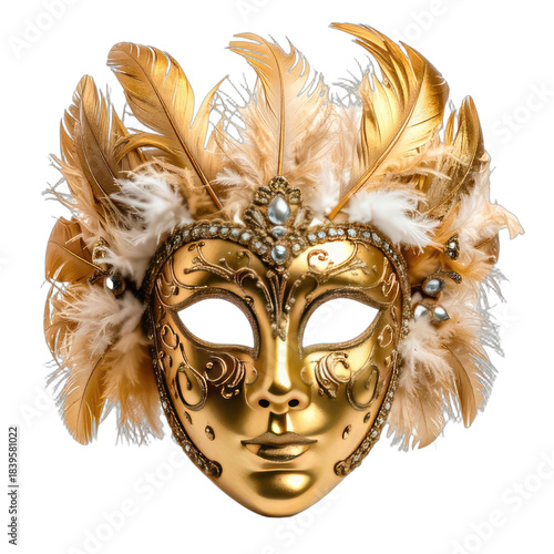An ornate, golden Venetian masquerade mask adorned with luxurious feathers and jewels against a black background.