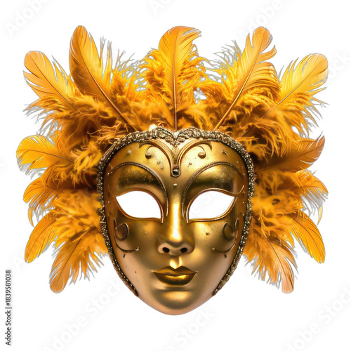A highly ornate golden Venetian masquerade mask adorned with vibrant yellow-orange feathers against a stark black background.