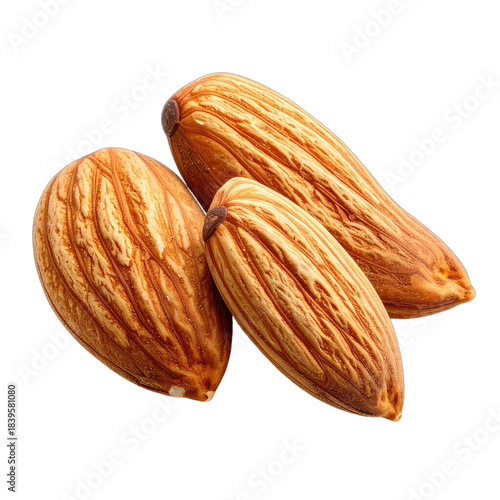 Three close-up, textured almonds isolated against a solid black background.