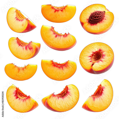 A collection of ripe peach slices and halves presented against a solid black background.