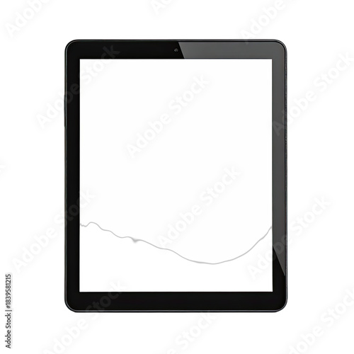 A modern black tablet computer with a large, blank white screen facing forward against a black background.