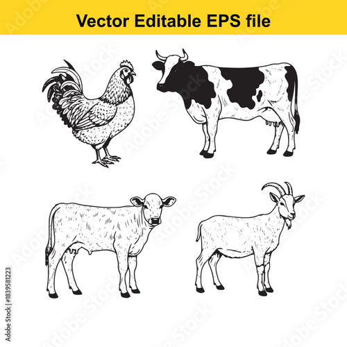  vector illustration of farm animals including a rooster, cow, goat, and sheep in editable eps format for design