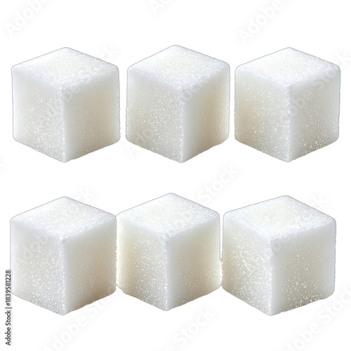 Six white sugar cubes arranged in two rows against a black background.