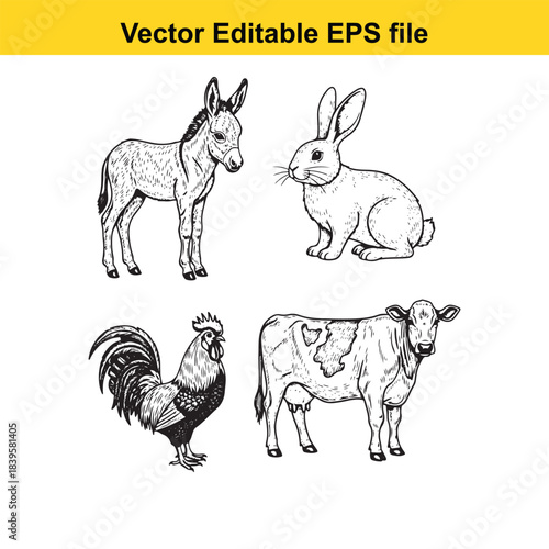  vector illustration of farm animals including donkey, rabbit, rooster, and cow in editable eps format for design