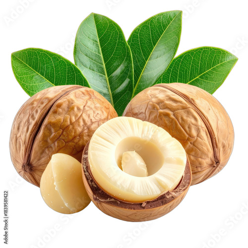 A close-up presentation of macadamia nuts with vibrant green leaves against a black background.