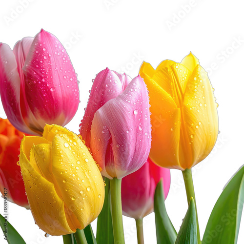 A vibrant cluster of pink and yellow tulips adorned with sparkling water droplets against a stark black background.