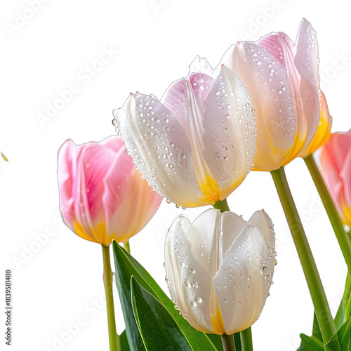 Close-up of several delicate white and pink tulips covered in glistening water droplets against a solid black background.