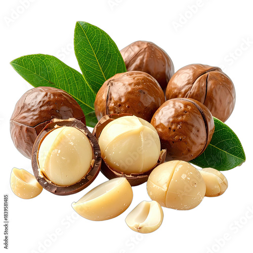 A cluster of whole and cracked macadamia nuts with vibrant green leaves against a solid black background.