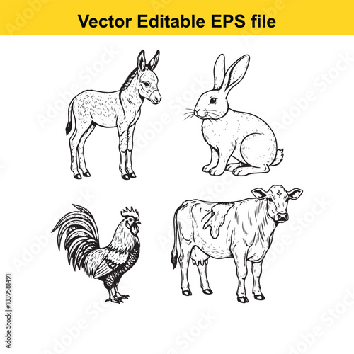  vector illustration of farm animals including donkey, rabbit, rooster, and cow in editable eps format for design