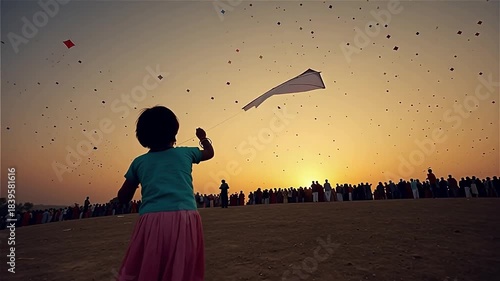 Rear view of a little girl flying a big white kite during sunset at a festival. Silhouette of a child enjoying Makar Sankranti celebration with a crowd in the background.