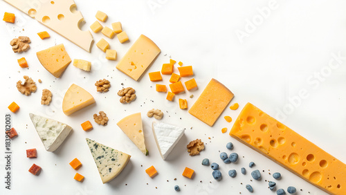 Assorted cheese pieces arranged on light background with nuts  