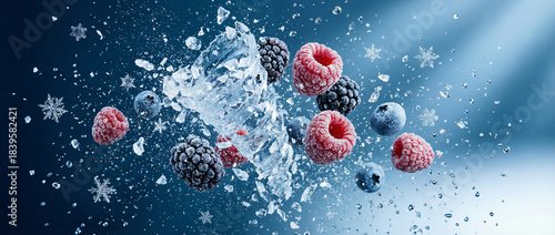 Frozen Ice Berries: Ripe Raspberries and Blackberries, Rich Colors and Textures, Antioxidant-Rich, Perfect for Refreshing Summer Advertisements or Health Conscious Campaigns