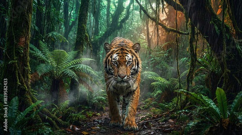 Majestic Bengal Tiger Walking through Lush, Dense Tiger Forest - Perfect for Wildlife and Nature Photography