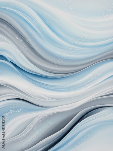 Abstract flowing waves in cool blue, grey, and white tones, serene liquid art